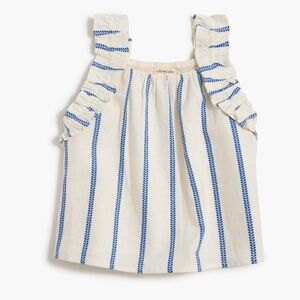 J Crew Crewcuts Girl’s 6-7 Top Blue White Ruffle Strap Linen Blend Summer Casual